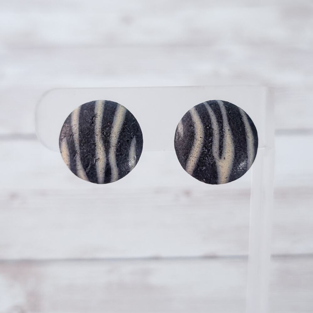 Vintage Clip On Earrings - Zebra Print Circle 7/8" - Retro Earrings